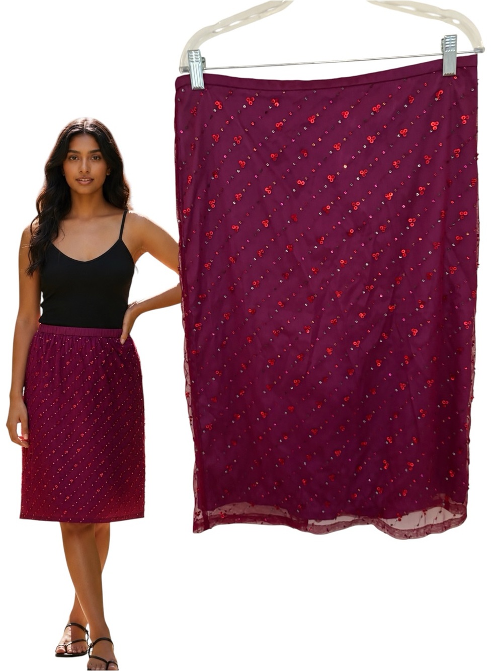 NWT Vintage French Connection Sequin Mesh Midi Skirt Y2K Ruby Orchid Size 10